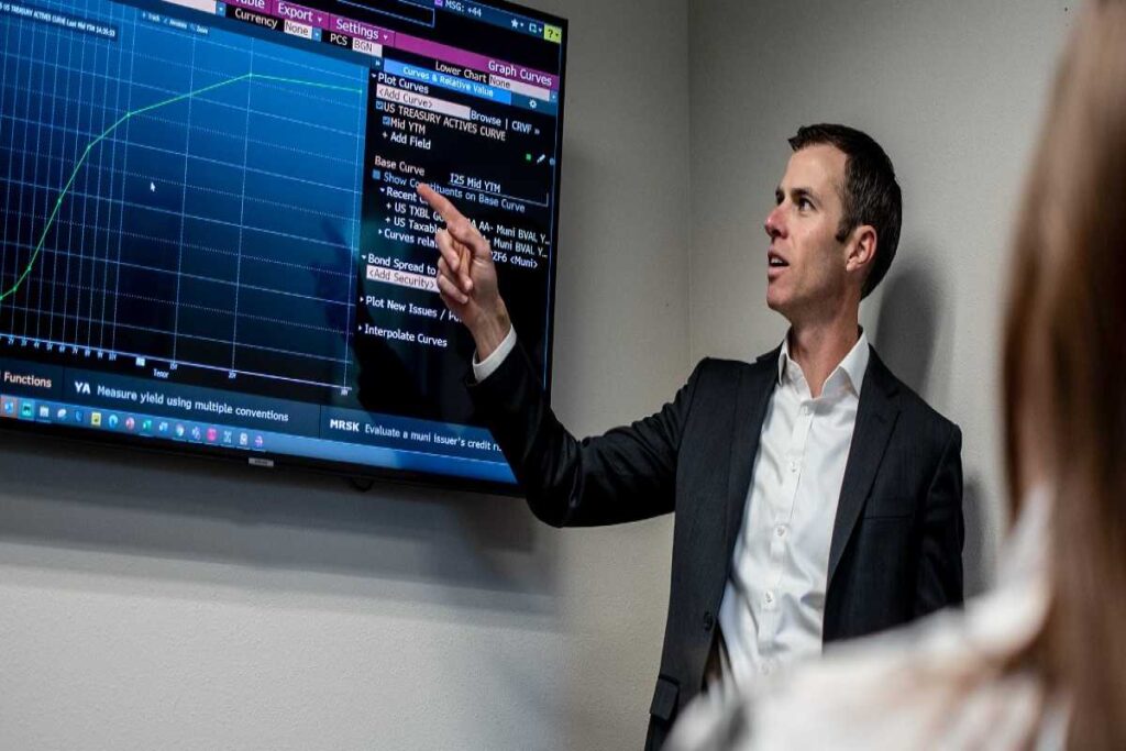 one of our wealth management expert pointing on the screen about portfolio management HFG Trust