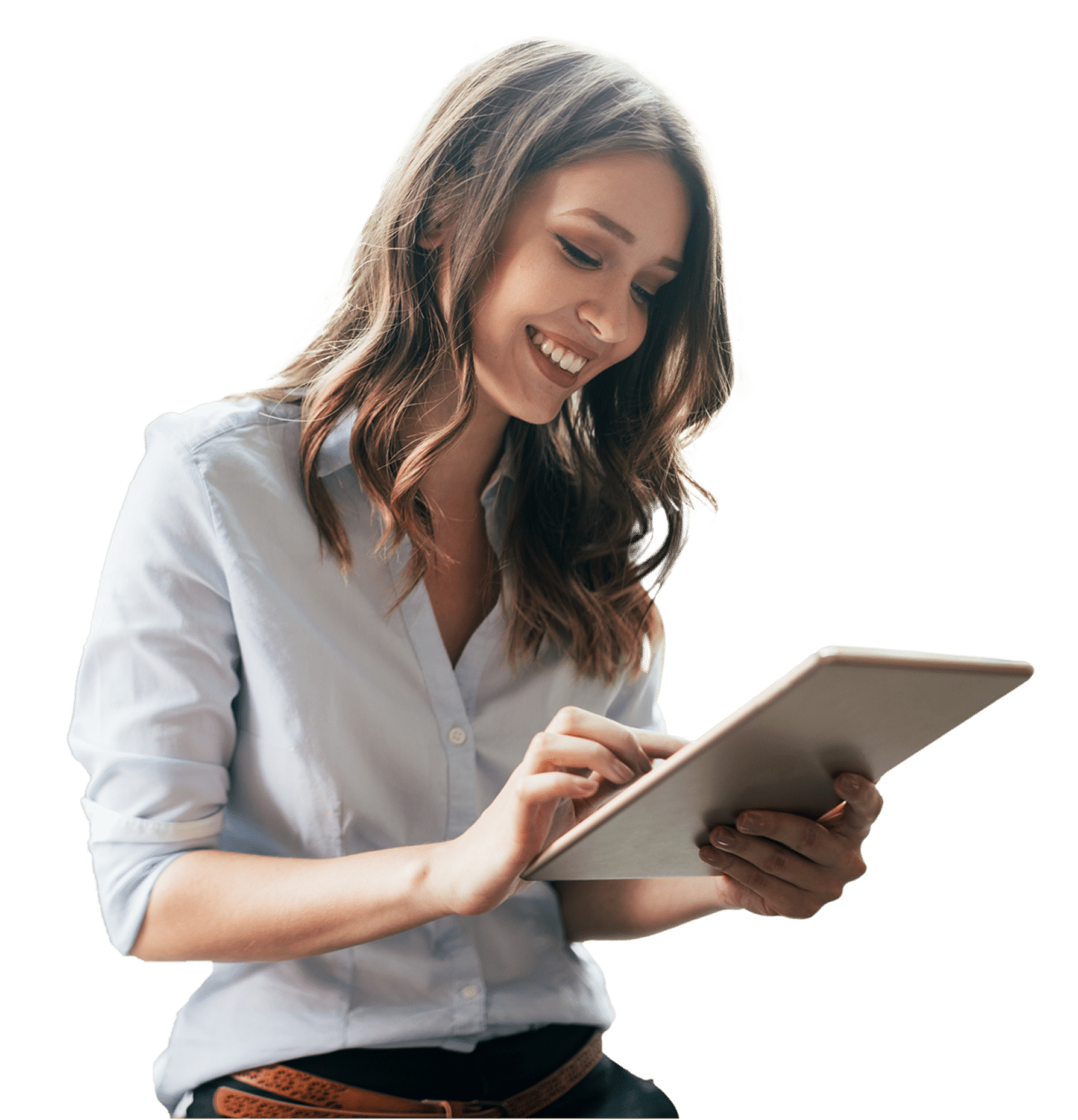 Smiling woman using tablet to access HFG Trust’s fiduciary financial tools for confident decision-making and wealth planning.