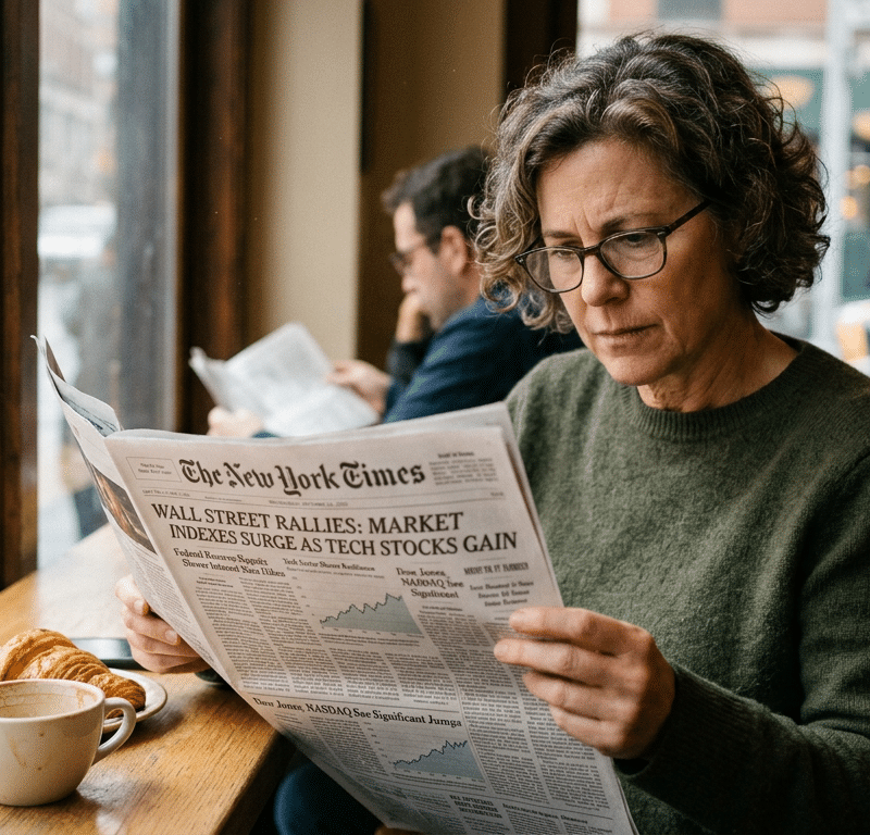 Image of someone reading stock market news articles - similar to New York Times Newspaper